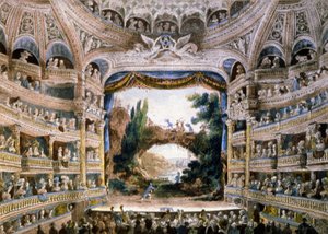 Comedie Francaise -teatteri 1700-luvun loppupuolella, 1800-luvun loppupuoli (kaiverrus). tekijältä Unbekannter Künstler