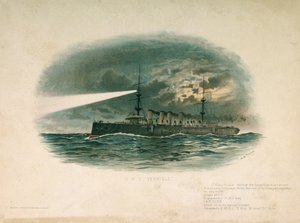 HMS "Terrible", ensimmäisen luokan risteilijä, jonka Barrow in Furness Shipbuilding and Arms Company rakensi vuonna 1897. Kromolitografia 1800-luvun lopulla, tekijä W.S. Tomkin (). tekijältä Unbekannter Künstler