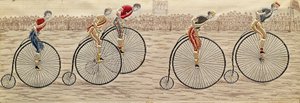 Viimeinen kierros, Penny Farthing Race, kudottu silkki Stevengraph, tekijä Thomas Stevens of Coventry. tekijältä Unbekannter Künstler