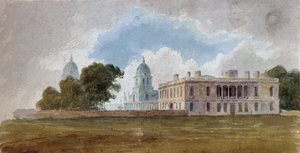 Kuningattaren talo ja Greenwichin sairaala (Englanti), Queen Mary Court- ja King William Court -rakennusten kupolit. David Coxille (1783-1859) omistettu maalaus, akvarelli noin vuonna 1804. tekijältä Unbekannter Künstler