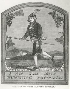 The Running Footman -majatalon kyltti (kaiverrus) tekijältä Unbekannt