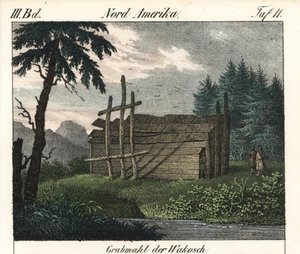 Wakashan-intiaanien puuhauta (Kanada). Kirjan litografia: Friedrich Wilhelm Goedsche (1785-1863) "Galerie complete en tableaux fideles des peuples d