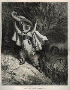 Kissa huutaa apua. Gustave Doren (1832-1883) kaiverrus Charles Perraultin (1628-1703) teoksesta "Les contes" tekijältä Unbekannt