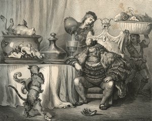 Saapaskissa kohtaa Ogren. Gustave Doren (1832-1883) kaiverrus Charles Perraultin (1628-1703) teoksesta "Les contes" tekijältä Unbekannt