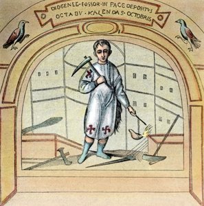 Fossori eli haudankaivaja Diogenes seinämaalauksena St Marcellinon kirkossa Via Labicanalla Roomassa, Italiassa 1920-luku tekijältä Unbekannter Künstler