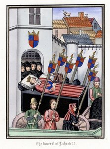 Englannin kuningas Rikhard II:n (1367-1400) hautajaissaattue lähdössä Pontefractin linnasta kohti Lontoon Pyhän Paavalin katedraalia (Englanti). tekijältä Unbekannter Künstler