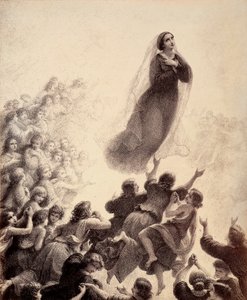 Siunattujen henget, ojentaneet kätensä, saattelevat laululla Marian paluuta Empyreaniin. Kuvitus Dante Alighierin kirjoittaman Jumalaisen komedian Paradison laulusta XXIII. Francesco Scaramuzzan Firenzen kunnalle omistama teos. tekijältä Unbekannter Künstler