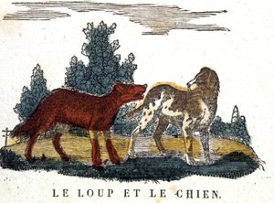 Susi ja koira, La Fontainen satu, 1800-luvun alku (kaiverrus). tekijältä Unbekannter Künstler