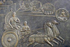 Tinh Xa Ngoc Chaun buddhalainen temppeli, Buddhan elämä, Siddhartha Gautama, Prinssi Siddhartha pyysi vaununkuljettajaa viemään hänet sarjalle maaseudun halki, Chau Doc, Vietnam, 2018 (kuva) tekijältä Unbekannt