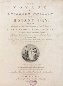 Nimisivu teoksesta "Kuvernööri Phillipin matka Botany Baylle", n. 1789 tekijältä Unbekannt