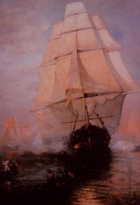 USS:n perustuslaki pakenee brittejä (väri litho)