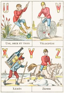 U V X Y Z; U: Yksi, kaksi ja kolme; V: Velocipede; X: sherry; Z: Zephir - Peliaakkoset, n. 1890 (kaiverrus) tekijältä Unbekannt