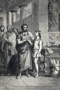 Valentinianus II tunnusti Rooman keisarin Gratianuksen toimesta (375). 1888 (kaiverrus) tekijältä Unbekannter Künstler