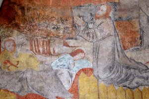 Vault de Lugny kirkko. 1500-luvun seinämaalaus. Kristus intohimossaan. Getsemane, Jeesus rukoilee, sillä välin opetuslapset lepäävät. Ranska Â tekijältä Unbekannt