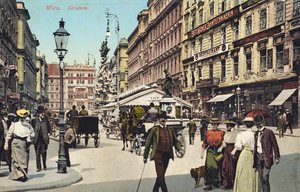 Wien, Graben -kuuluisa katu kaupungin keskustassa, jossa ihmiset kävelevät (postikortti). tekijältä Unbekannter Künstler