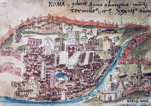 Rooman näkymä, yksityiskohta, akvarellikopio Leonardo Besozzon kartasta, Italia