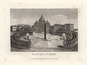 Näkymä Pyhän Pietarin aukiolle, Piazza di S. Pietrolle, Pietarinkirkolle ja muinaiselle egyptiläiselle obeliskille tekijältä Unbekannt