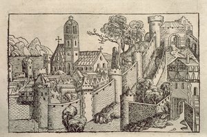 Näkymä muinaiseen Aleksandrian kaupunkiin H. Schedelin kaiverruskirjasta "Liber Chronicarum" tekijältä Unbekannter Künstler