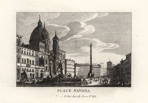 Näkymä Piazza Navonalle, jossa on suihkulähde, egyptiläinen obeliski ja Sant