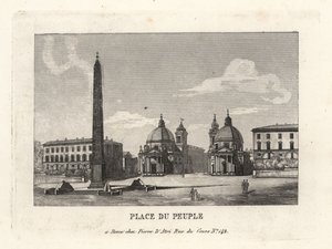 Näkymä Piazza del Popololle, Place du Peuple, egyptiläinen Ramses II -obeliski Heliopoliksesta, Roomasta tekijältä Unbekannt