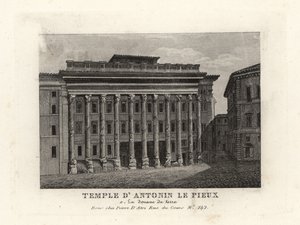 Näkymä Hadrianuksen temppelille, Templum Divus Hadrianus, jossa on 11 pylvästä, jotka hänen adoptiopoikansa Antoninus Pius on pyhittänyt, Temple d