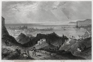 Näkymä Genesin kaupunkiin ja satamaan, eclatante-lainaukset, marmorikaupunki, Genes-la-Superb, ranskalaisen toimittajan ja matkailijan Louis Enaultin (1824-1900) kirjassa Välimerestä. tekijältä Unbekannt