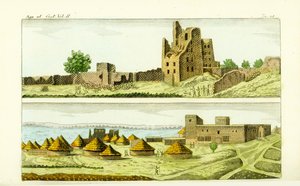 Näkymä moskeijasta ja taloista Sennarin kaupungissa, Sudanissa (alhaalla) ja Funj King of Sennarin talon raunioista (ylhäällä) Sinisellä Niilillä tekijältä Unbekannt