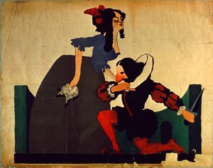 Vintage-juliste miehestä polvistumassa naisen jalkojen juuressa, Shakespearen piirustus (värinen lito) tekijältä Unbekannt