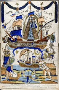 Neitsyt Maria Madonna kirkkaudessa (Notre Dame de Grace ) merimiesten ja matkustajien suojelijana Pyhän Hengen leijailu lentää aluksen yläpuolella alaosassa. 1800-luku (ranskalainen puupiirros) tekijältä Unbekannter Künstler