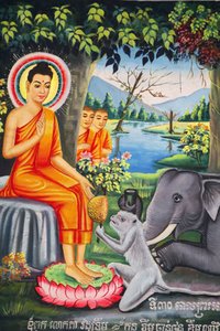 Seinämaalaus Wat Pitchey Udongissa: Kohtaus Buddhan elämästä. Buddhaa ruokkii apina, kun hän paastoi Kampot Cambodgea tekijältä Unbekannt