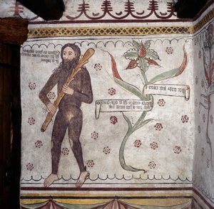 Saccon villi mies (Homo Selvadego), fresko (1400-luku), Villimiehen talo (Uomo Selvatico), Sacco, Cosio Valtellina, Lombardia, Italia tekijältä Benjamin Baud