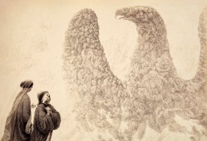 Jupiterin sfäärissä Dante näkee siunattujen henkien järjestäytyvän kotkan, valtakunnan symbolin, muotoon. Kuvitus Dante Alighierin teoksen Jumalaisen komedian Paradiso XVIII laulusta. Francesco Scaramuzzan teos, joka on omistettu Mun Danteille. tekijältä Unbekannter Künstler