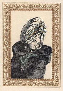 Nainen yöviitassa ja suuressa Voluptuese-hatussa. Yö tukka, on Voluptuous. de Laubaderen käsivärinen litografia Octave Uzanen teoksesta Stylish Hairstyle or Eccentric Finery from the era of King Louis XVI, Hairstyles de Style, La Parure Eccentric, Rouv tekijältä Unbekannter Künstler