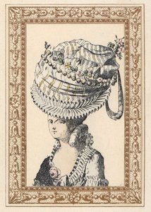 Nainen, jolla on valtava hattu, jota kutsutaan vuosisadan onnellisuudeksi. de Laubaderen käsivärinen litografia Octave Uzanen teoksesta Stylish Hairstyle or Eccentric Finery from the era of King Louis XVI, Hairstyles de Style, La Parure Eccentric, Rouveyre tekijältä Unbekannter Künstler