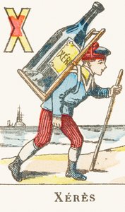 X : Xeres, poika pitää selässään suurta viinipulloa - Games Alphabet, n.1890 (kaiverrus) tekijältä Unbekannt