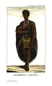 Nuori san-nainen imettää lasta, Etelä-Afrikka. Hänellä on viitta, kaulakoruja ja helmihame. Francois Le Vaillantilta (Levaillant). tekijältä Unbekannter Künstler