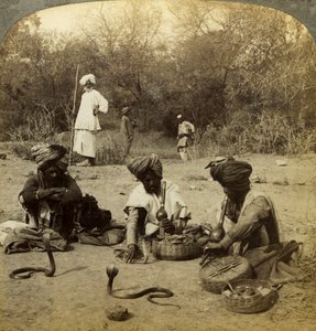 Snake charmers, Delhi, Intia. tekijältä Underwood and Underwood