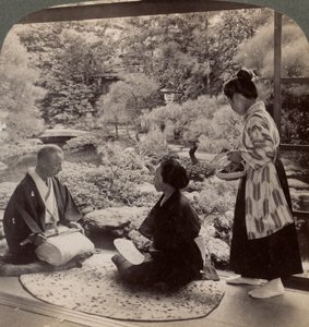 Taideteollisuuden johtajan Y Namikawan kodin puutarhat, Kioto, Japani, 1904 tekijältä Underwood and Underwood