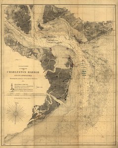 Charlestonin satama ja sen lähestymisalueet sekä kapinallisten pattereiden asemat. LOC 99448827 tekijältä United States Coast Survey