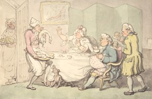 Pari pöydässä palvelijoiden kanssa, 1700-1800-luku. tekijältä Unknown,Unknown.
