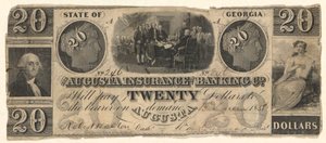 20 dollarin seteli, jonka julkaisi Augusta Insurance & Banking Co., Augusta, Georgia, vuonna 1858, jossa kaiverrukset itsenäisyysjulistuksesta Trumbullin jälkeen, Washington Stuartin jälkeen (?) tekijältä Unknown