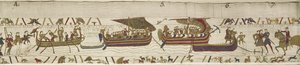 Harold ylittää kanavan Guyn, Ponthieun kreivin alueelle, missä hänet vangitaan, Bayeux Tapestry (villakirjonta pellavalle) tekijältä Unknown