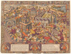 Jerusalem est palkinto ja brulee, le Roy Sedecias a les yeux crevez. Et Jeremie est mene en Babilone. (Jerusalem valloitetaan ja poltetaan; kuningas Seleikiksen silmät on hakattu ulos. Ja Jeremia tuodaan Babyloniin. Jeremia 39-43), no. 6, Jeremian tarina tekijältä Unknown