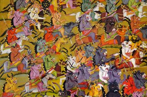 Marwar-maalaus: Yksityiskohta Demonit valmistautuvat taisteluun jumalatar Durgaa vastaan, Mehrangarhin linnakkeen palatsimuseo, Jodhpur, Rajasthan, Intia tekijältä Unknown