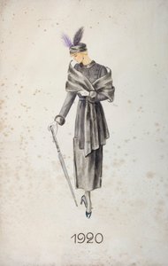 Malli yllään takki ja hattu höyhenillä, kantaa sateenvarjoa, 1920 tekijältä Unknown