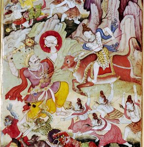 Shiv Destroys The Demon Andhaka, Harivamsa Manuscript, Mughal, S1590 tekijältä Unknown