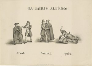 Sarjakuva Rooman papistopuolueen ja liberaalipuolueen välisestä liitosta Alankomaiden hallitusta vastaan, 1828 La Sainte Alliance (otsikko esineessä) tekijältä Unknown