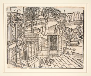 Shepherds Chromis ja Mnasyle sitovat nukkuvan silenuksen. 1502. Vergiliusin kuvitetusta julkaisusta tekijältä Unknown