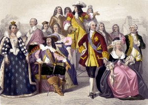 1610–1774. Marie de Medici, Ludvig XIII, Ludvig XV, Marie Antoinette ja Ludvig XVI. Kaiverrus 1800-luvulta. tekijältä Unknown artist
