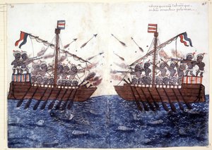 1500-luvun kaiverrus, joka kuvaa kohtaamista merirosvolaivan kanssa Intian valtamerellä. Rooman biblioteca Casantense. tekijältä Unknown artist